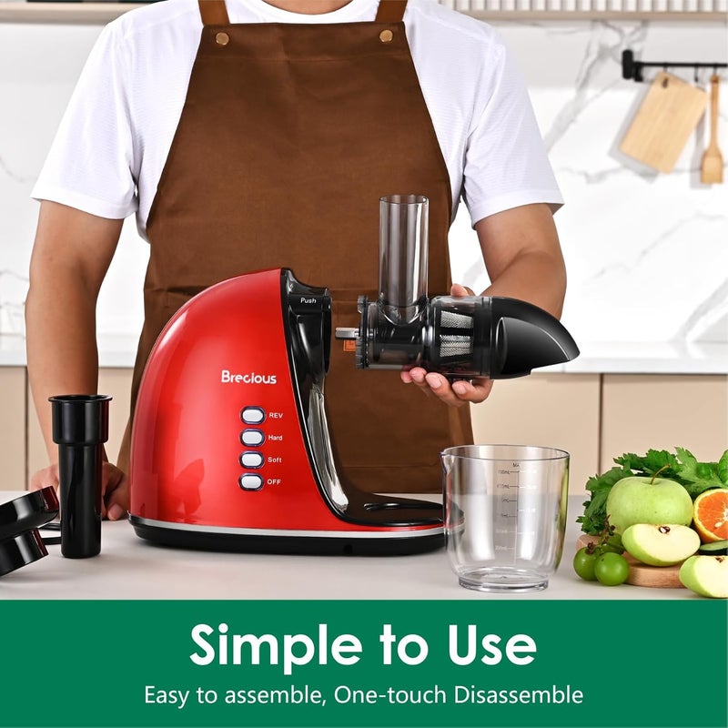 BRECIOUS Slow Masticating Juicer, Cold Press Juicers with 2 Speed Modes & Quiet Motor,Juicers Machines Vegetable and Fruit with Reverse Function,Celery Juicer,BPA-Free,Easy to Clean (Red） - Image 4
